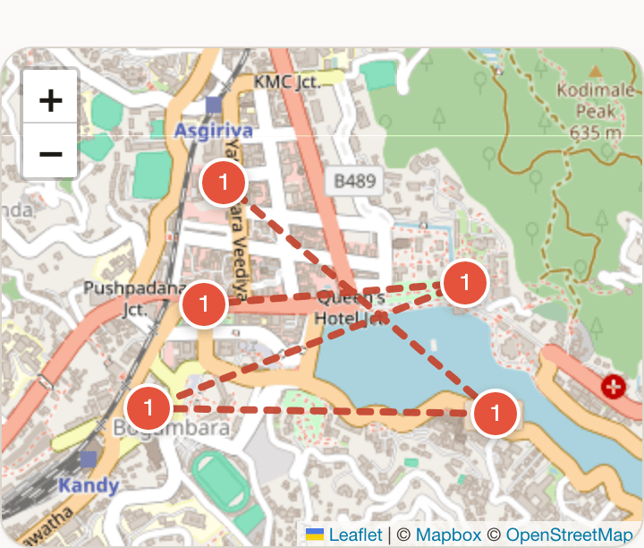 Live route map with real venue pins and the day route through Kandy