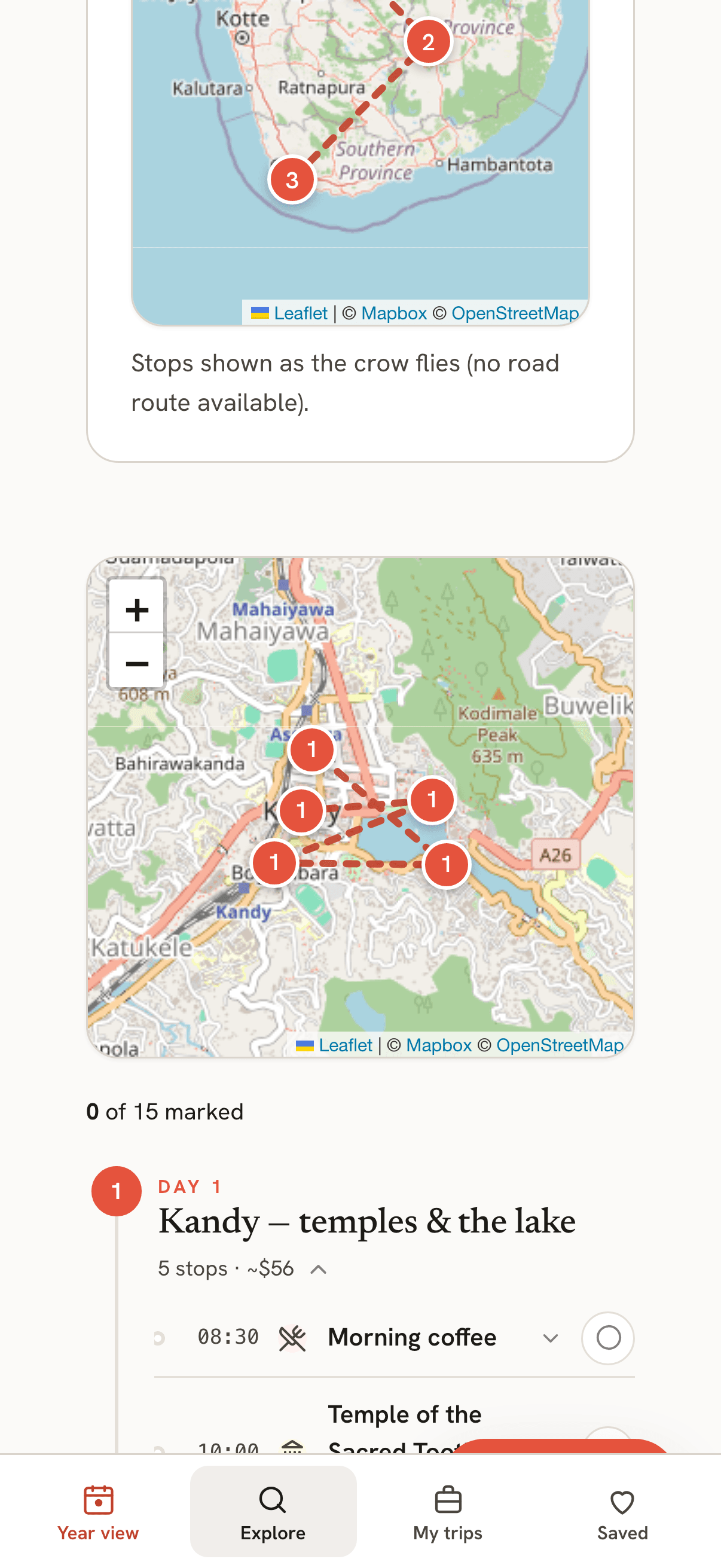 Seazly mobile dossier — live map of the Kandy day route