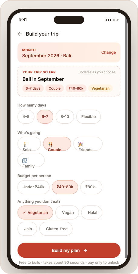 Seazly app build screen: days, travellers, budget and dietary choices