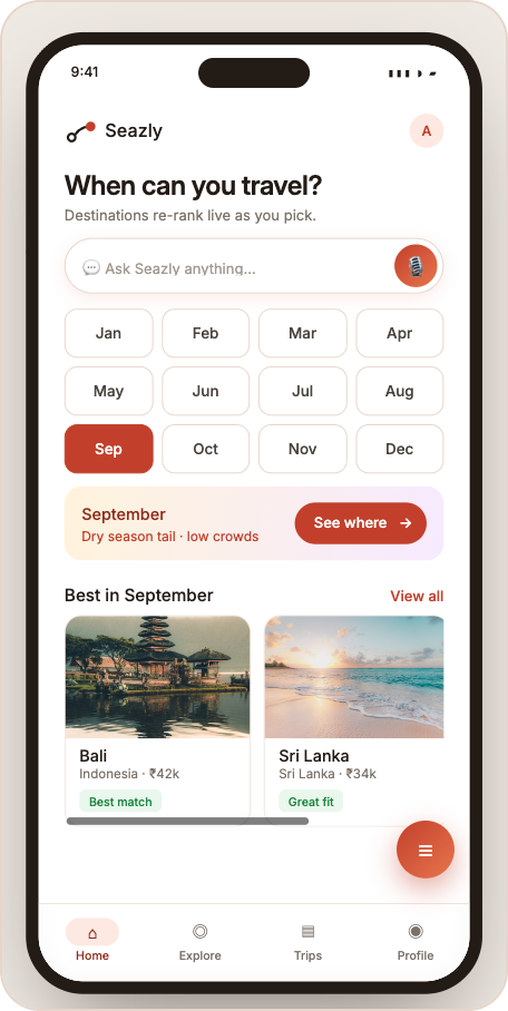 Seazly app home: pick a month