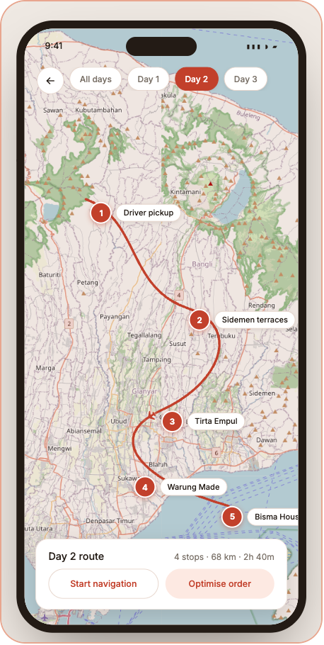 Seazly app route map with numbered stops for day 2
