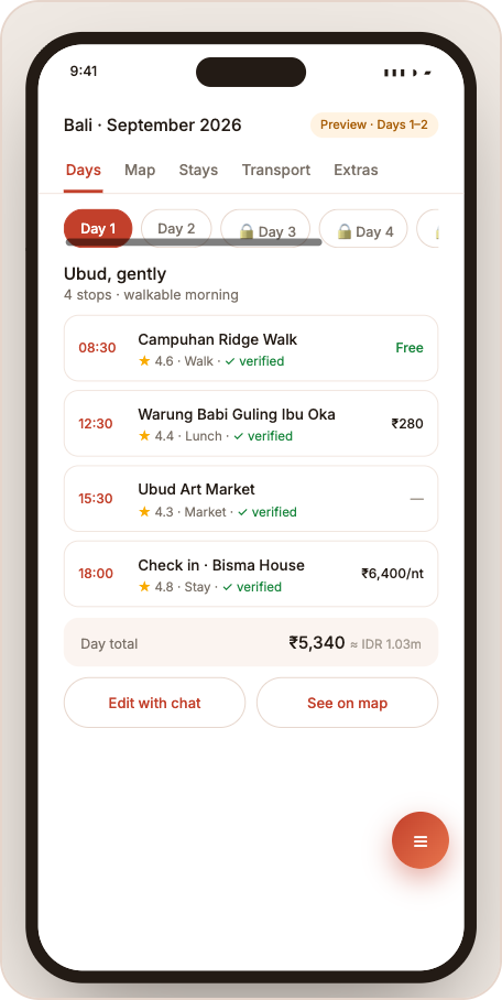 Seazly app day plan: timed stops, each marked verified